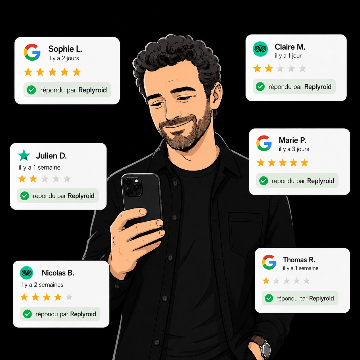 Homme soulagé avec ses avis répondus par Replyroid